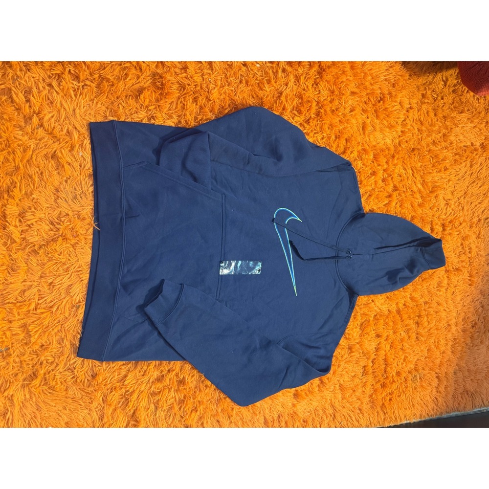 Nike Mens Fleece Pullover Hoodie Navy Blue Double Swoosh Logo Large NWT